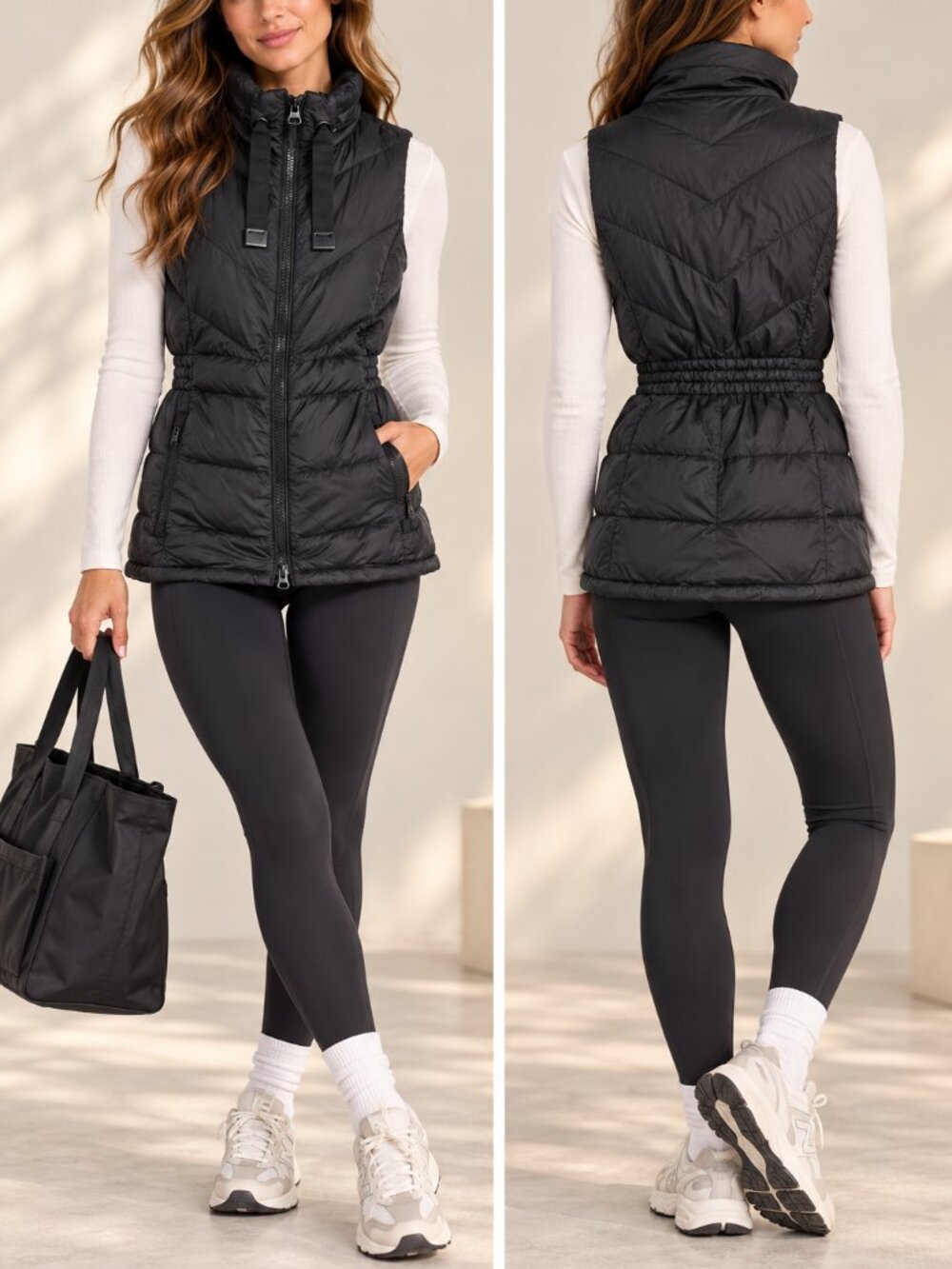 Athleta Black Goose Down Puffer Vest Cinched Waist Size S